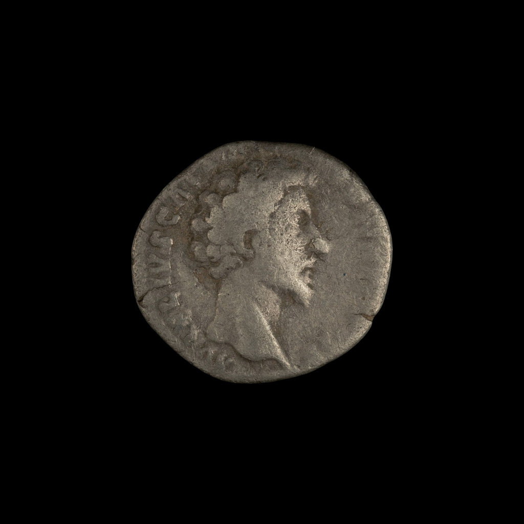 Obverse of Roman silver denarius of Marcus Aurelius (Caesar), legend AVRELIVS CAES ANTON AVG PII F, radiate or laureate bust right.