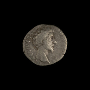 Obverse of Roman silver denarius of Marcus Aurelius (Caesar), legend AVRELIVS CAES ANTON AVG PII F, radiate or laureate bust right.