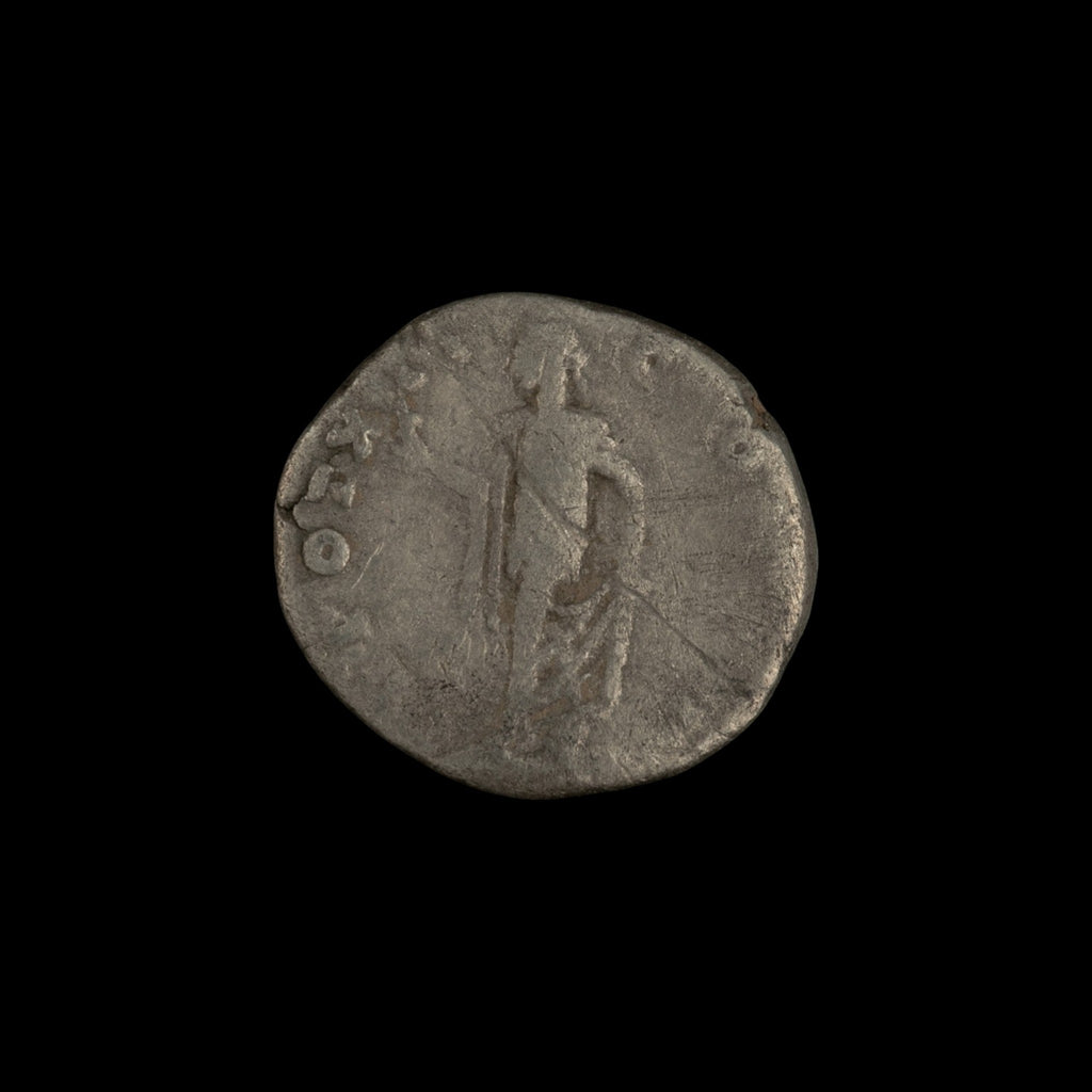 Reverse of Roman silver denarius of Marcus Aurelius (Caesar), showing Spes advancing left, legend TR POT XII COS II.