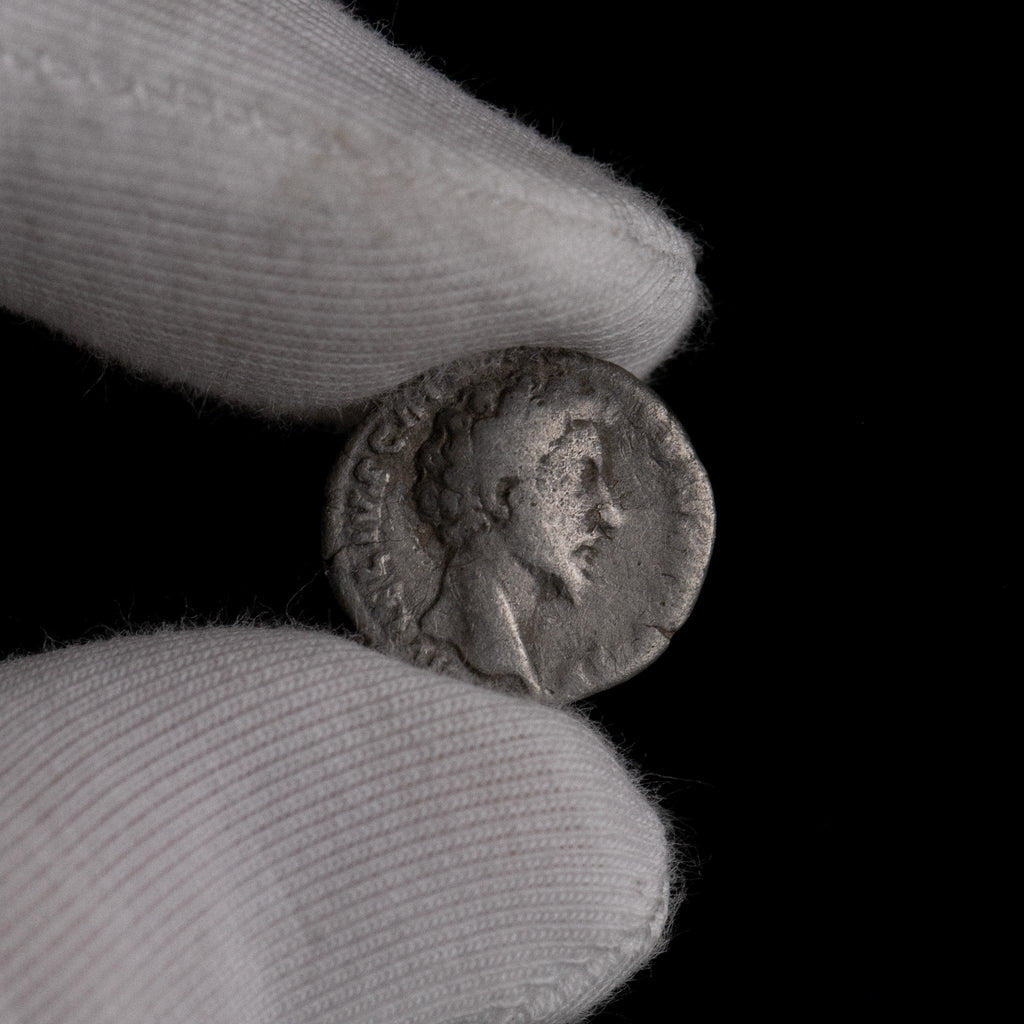 Macro detail of Roman silver denarius of Marcus Aurelius (Caesar), portrait close-up.