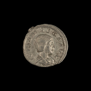 Obverse of Roman silver denarius of Julia Maesa, legend AVLIA MEASA AVG, radiate or laureate bust right.