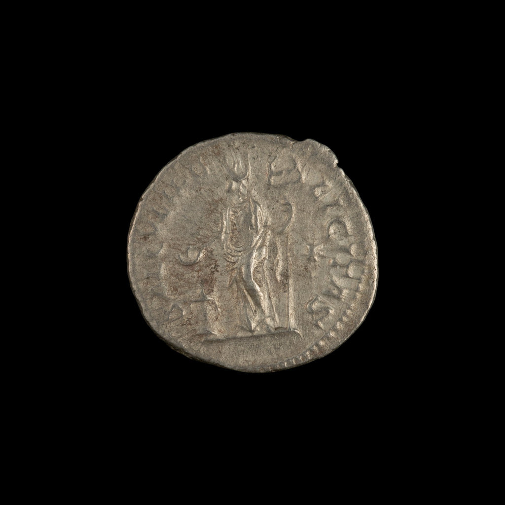 Reverse of Roman silver denarius of Julia Maesa, showing Felicitas, legend SAECVLI FELICITAS.