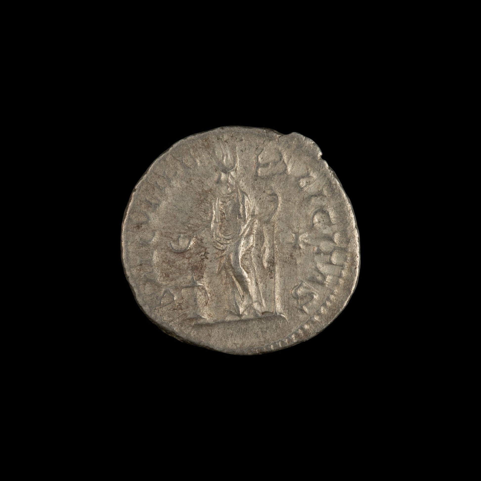 Reverse of Roman silver denarius of Julia Maesa, showing Felicitas, legend SAECVLI FELICITAS.