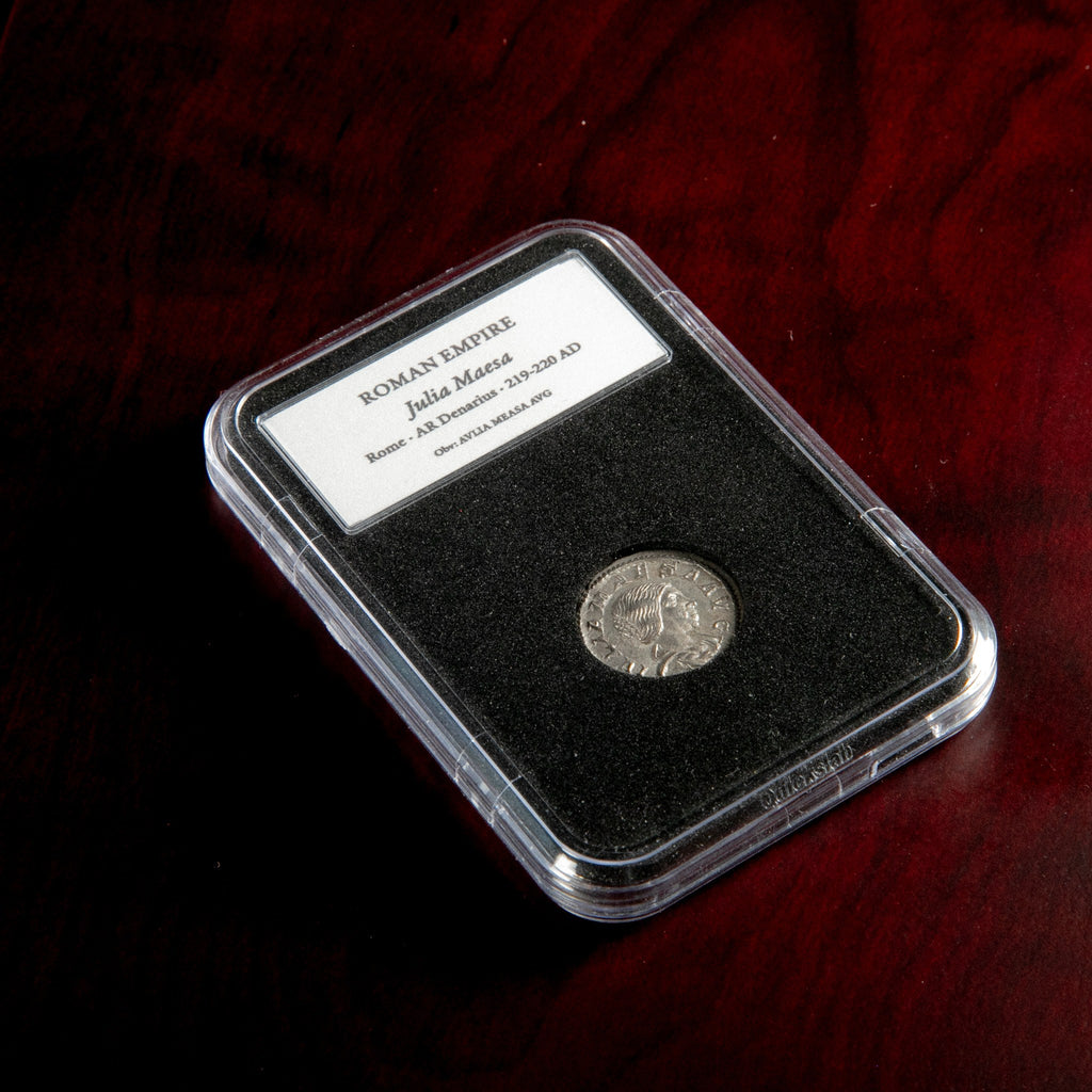 Roman silver denarius of Julia Maesa in protective slab with catalog label.