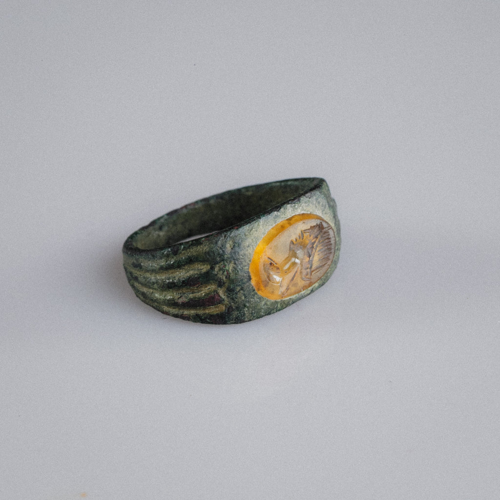 Roman Bronze Ring with Carnelian Intaglio Bust – “Faustina” (2nd–3rd century AD) – EU 52 / US 6.25