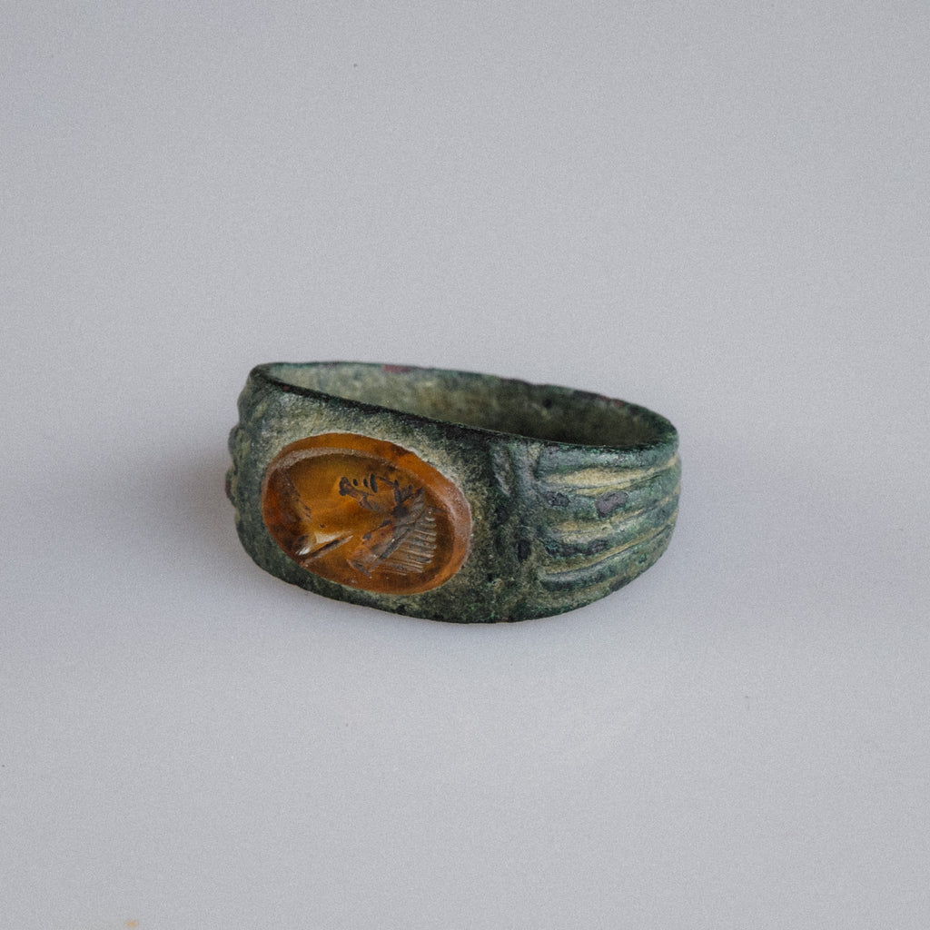 Roman Bronze Ring with Carnelian Intaglio Bust – “Faustina” (2nd–3rd century AD) – EU 52 / US 6.25