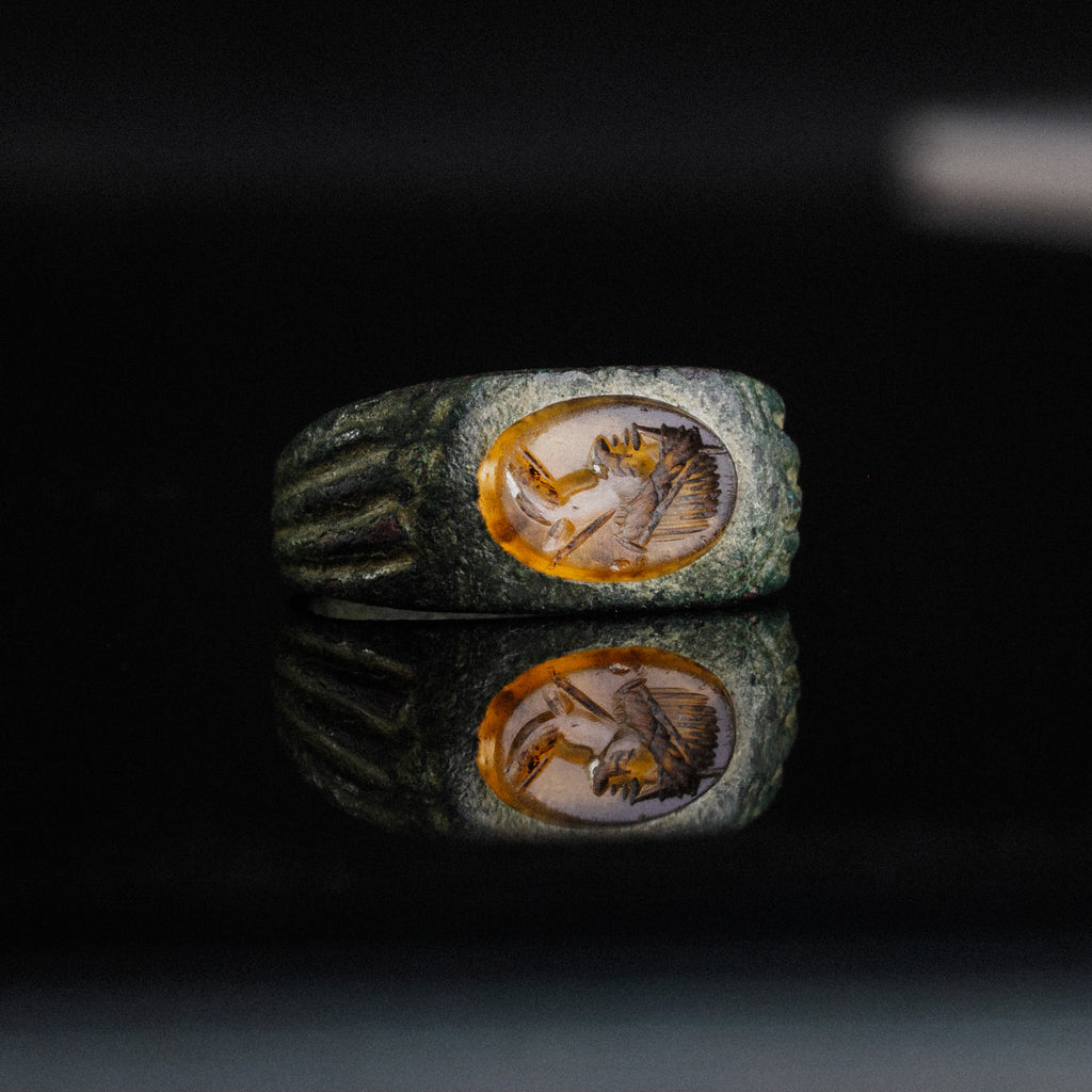 Roman Bronze Ring with Carnelian Intaglio Bust – “Faustina” (2nd–3rd century AD) – EU 52 / US 6.25