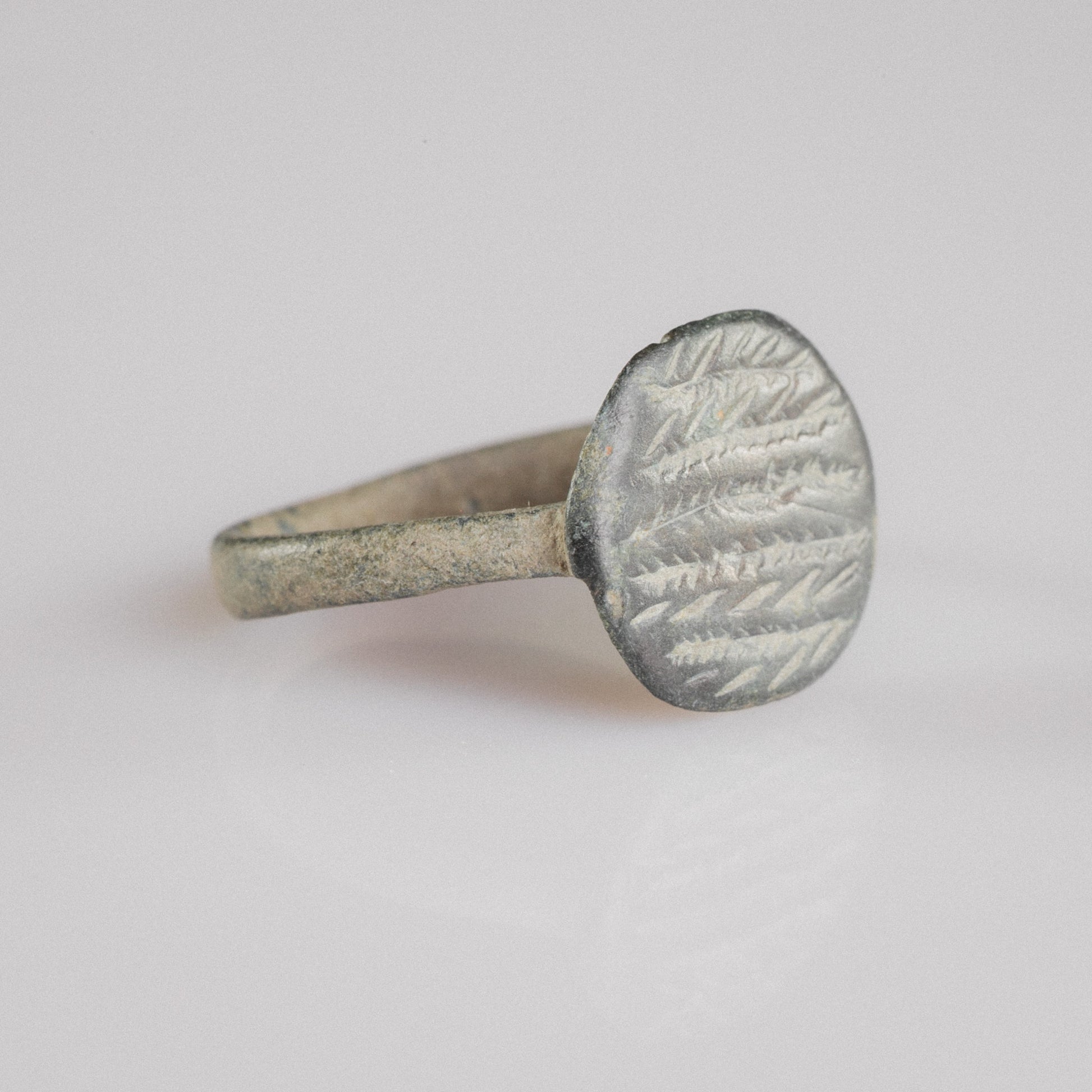 Roman bronze signet ring Frondis, angled view showing fern-frond engraving and tapering hoop