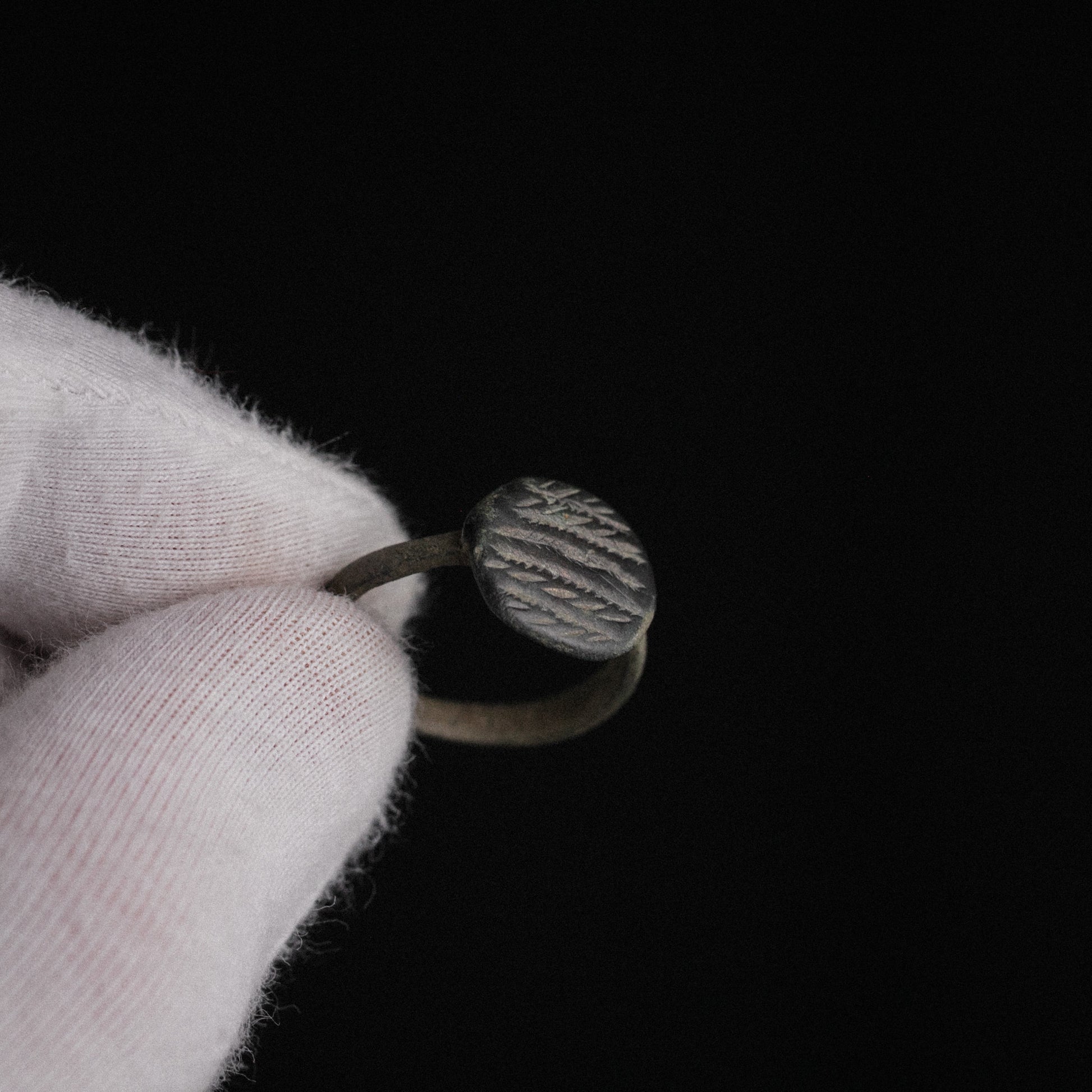 Macro detail of Roman bronze ring Frondis bezel revealing hand-engraved fern-frond strokes