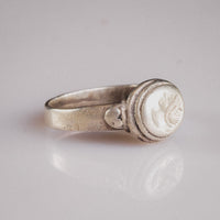 Three-quarter view of Roman silver ring Lavinia showing shoulder pellet ornaments