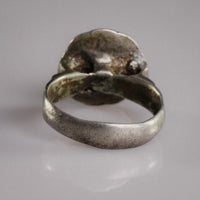 Rear view of medieval silver ring Stavros showing malachite-green corrosion inside the hoop