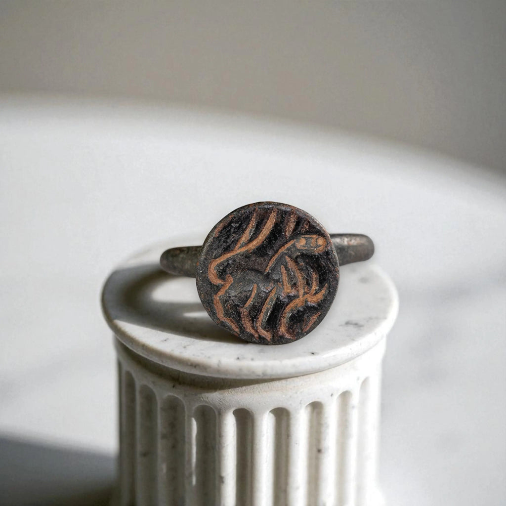 “Leo Fortis” – Roman Bronze Ring with Lion Intaglio (1st–3rd Century AD) – EU 57 / US 8 Aurora Antiqua