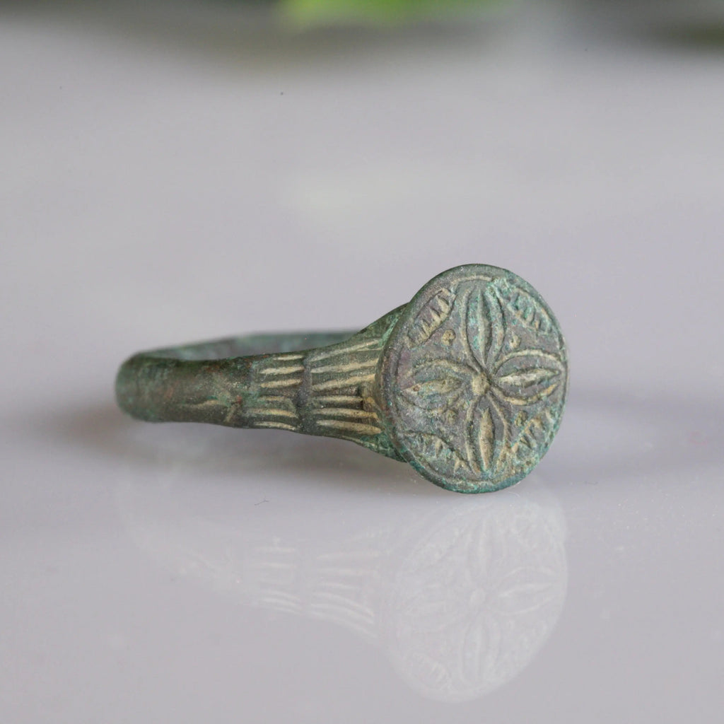 Medieval Bronze Ring with Quatrefoil Motif - “Laurentius” (12th–14th c. AD) – EU 59 / US 9 Aurora Antiqua