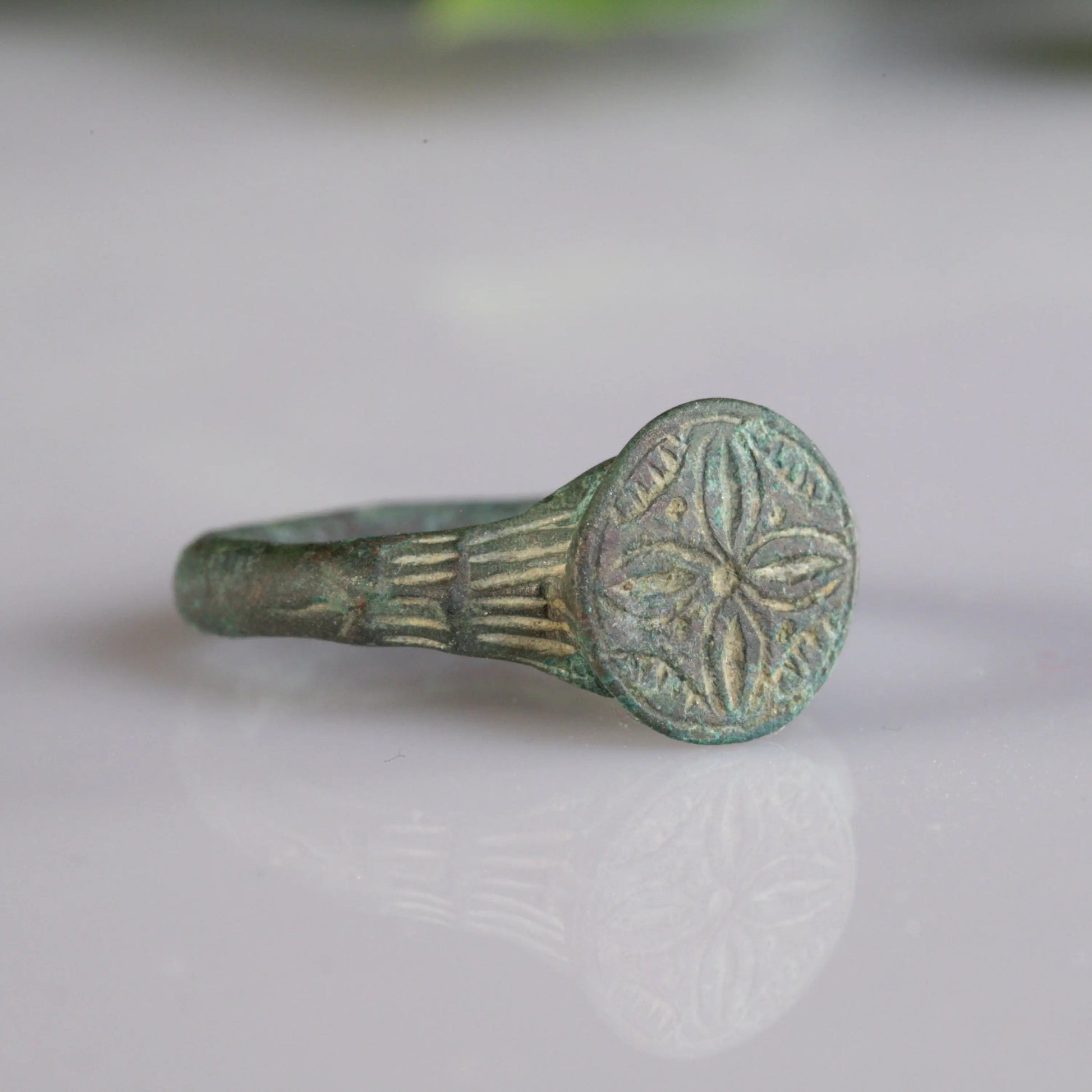 Medieval Bronze Ring with Quatrefoil Motif - “Laurentius” (12th–14th c. AD) – EU 59 / US 9 Aurora Antiqua