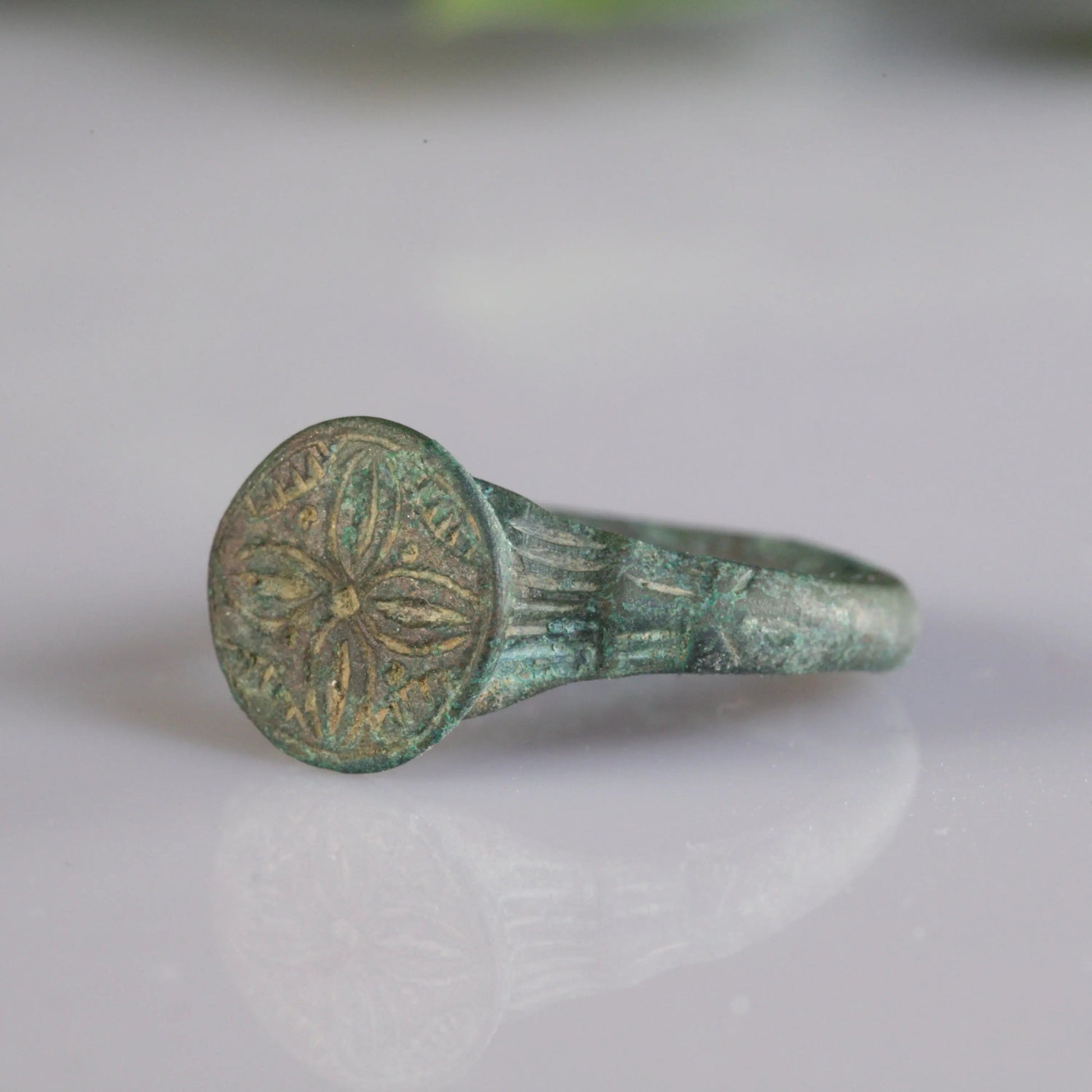 Medieval Bronze Ring with Quatrefoil Motif - “Laurentius” (12th–14th c. AD) – EU 59 / US 9 Aurora Antiqua