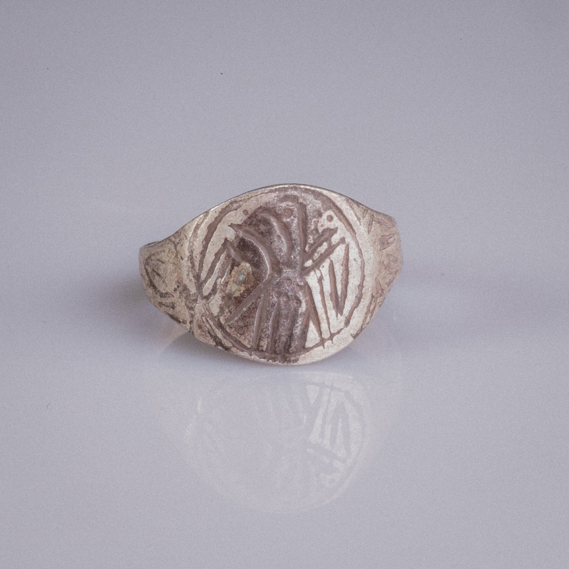 Silver ring with a design on a gray background
